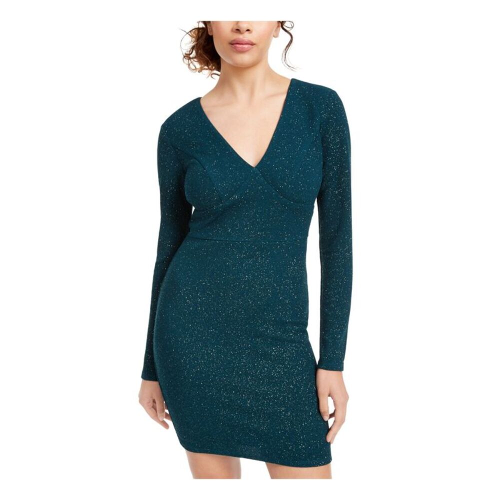 CITY TRIANGLES Womens Body Con Short Dress Green Long Sleeve Cocktail Juniors 3 - Picture 1 of 4